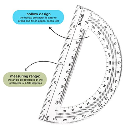 Zonon 2 Pcs 12 Inch Clear Ruler and 6 Inch Plastic Protractor Set, Clear - color: Clear