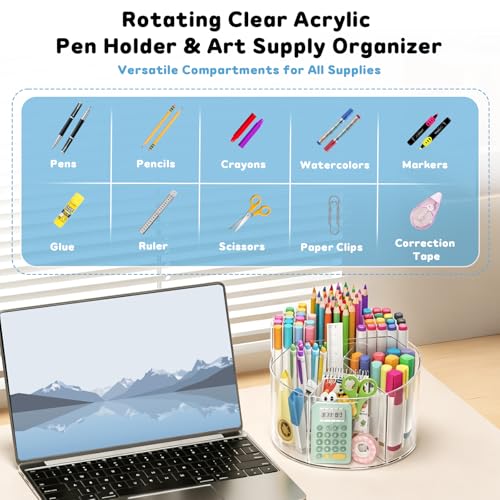 SUPEASY Acrylic Rotating Pencil Holder, 360° Clear Marker Organizer