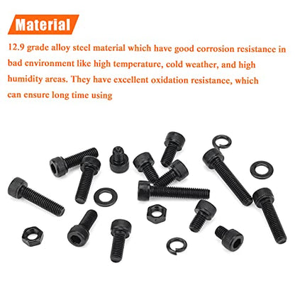 HELIFOUNER 240 Pieces M5 x 6mm /8mm /10mm /12mm /16mm /20mm /25mm, Hex Socket Head Cap Screws Bolts Washers Nuts Kit, 12.9 Grade Alloy Steel, Full Threaded, Black - size: M5, style: Socket Head