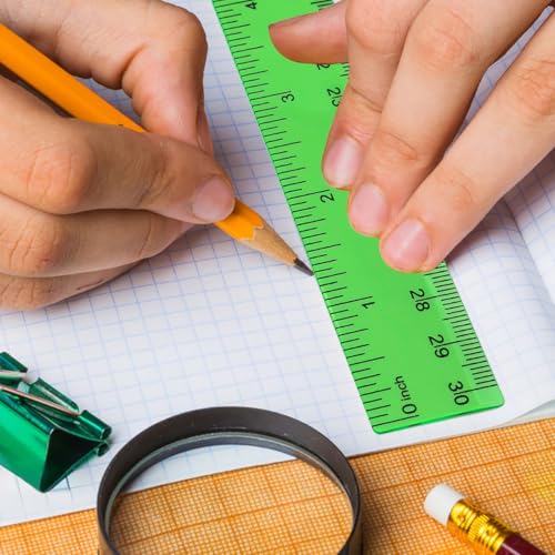 10 Pack Combo Rulers Kit, 12 Inch/30 cm, 5 Wooden Rulers + 5 Clear Plastic Rulers in 5 Colors, Shatterproof Transparent Ruler with Inches and Centimeters for School Classroom Office Home