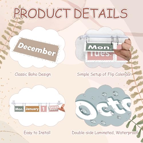 FYSUIMU Boho Calendar Bulletin Board Set Flip Calendar with 54 Cards & Adjustable Holder for Back to School Classroom Home Office DIY Decoration Supplies - style: Boho