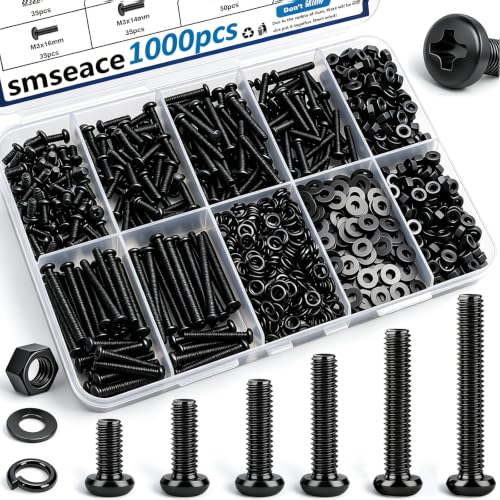 smseace 1000Pcs Black M3 Screws with Nuts Assortment Kit Nuts M3x6/10/14/16/20mm 5-Sizes Bolt Washer Assortment Kit for Machinery, Furniture, Automotive,DIY, 3D Printer, Motorcycle Repairs - color: Black, size: 1000Pcs M3