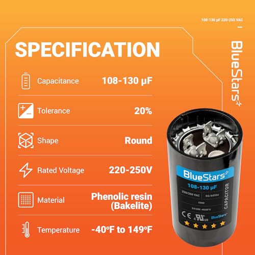 [2025 Upgraded] BlueStars 108-130 uF MFD 220-250 VAC Motor Start Capacitor - size: 108-130 MFD 220-250 VAC