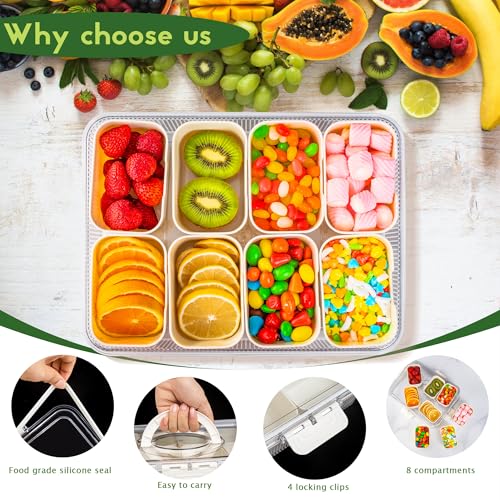 Patent Design Ribbed Snackle Box Container Snack Container Divided Serving Tray with Lid and Handle, 8 Divider Portable Snacklebox for Travel Beach for Charcuterie Veggie Fruit Candy,1 Pack - color: White