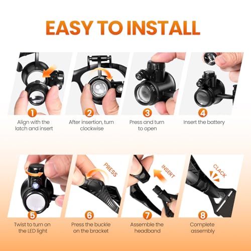 MLOGIROA Head Magnifying Glass with LED Light with 8 Interchangeable Lens - color: 8 Lens Head Mount Magnifier
