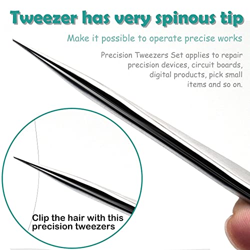 H&W Precision Tweezers 6PCS Set, Anti-Static Steel Curved of Tweezers - color: Silvery
