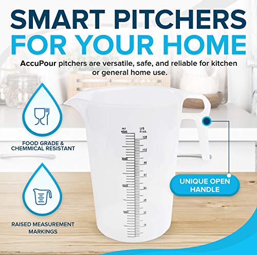 ACCUPOUR 128oz (1 gallon) Measuring Pitcher, Plastic, Multipurpose - Great for Oil, Chemicals, Pool and Lawn - Ounce (oz) and Milliliter (mL) Increments (4000 mL) (Pack of 3) - size: 128oz (Pack of 3)