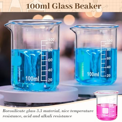 Tallew 48 Pcs 100ml Glass Beaker Set Including 12 Pcs 3.3 Borosilicate Lab Beaker, 12 Glass Stirring Rods, 12 Plastic Funnel and 12 Dropper for Lab and Perfume Making