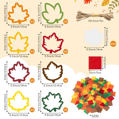 CJiangpo 24 Sets Fall Maple Leaves Suncatcher Paper Craft Kits, DIY Stained Glass Effect Window Ornament Rainbow Tissue Paper Art Craft Classroom Activities Supplies Thanksgiving Party Decor - style: Maple Leaves
