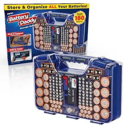 Battery Daddy Ontel Organizer Storage Case & Tester, Holds 180, Blue - color: Blue