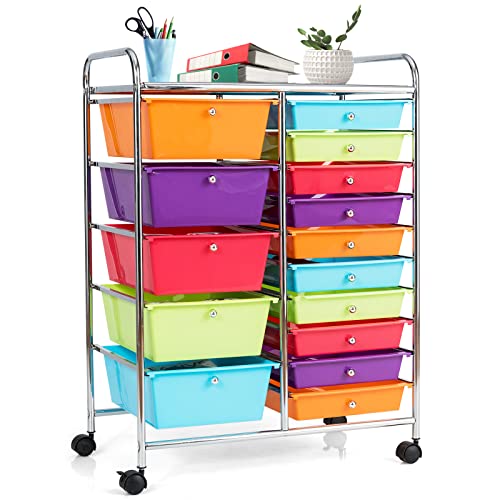 COSTWAY 15 Drawer Rolling Storage Cart, Mobile Storage Organizer - color: Multi-color, size: 15 Drawer