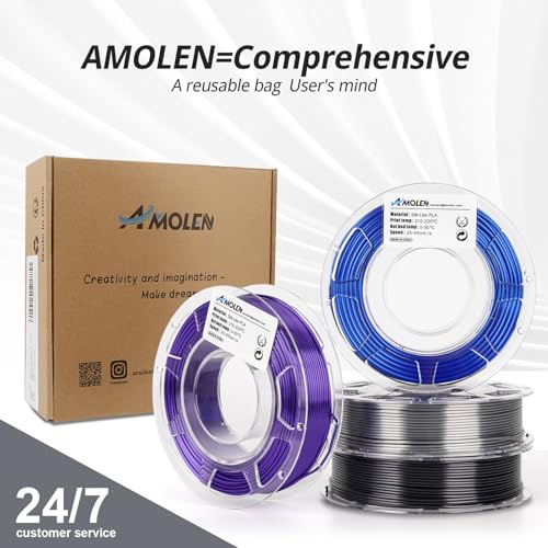 AMOLEN Silk 3D Printer Filament Bundle, PLA Filament 1.75mm Pack, Shiny 3D Printing Filament for Most FDM 3D Printer, Black, Purple, Silver Grey, Sapphire Blue, 200g X 4 - color: Black/Purple/Silver Grey/Sapphire Blue