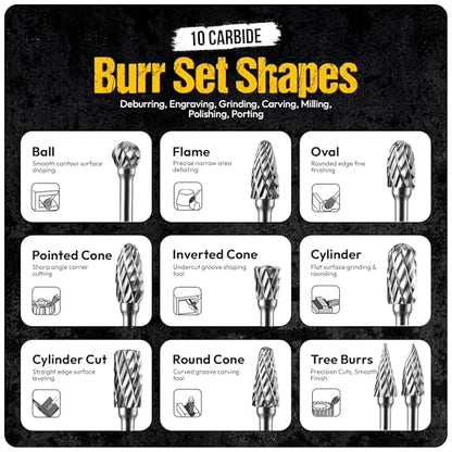10Pcs Carbide Burr Set - 1/8" Shank Tungsten Die Grinder Bits, Double Cut - Compatible with Dremel & Milwaukee - Cutting, Engraving, Deburring - Rasp Accessories - Metal, Steel, Aluminum - size: 10pcs - 3mm