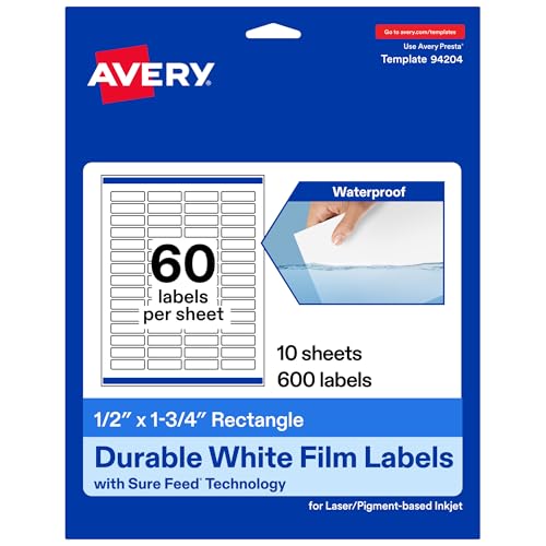 Avery Printable Durable White Rectangle Labels, Sure Feed Technology, 1/2" x 1.75", Print-to-the-Edge, Waterproof Labels, Laser & Pigment-Based Inkjet Compatible, 600 Total - style: 600 labels