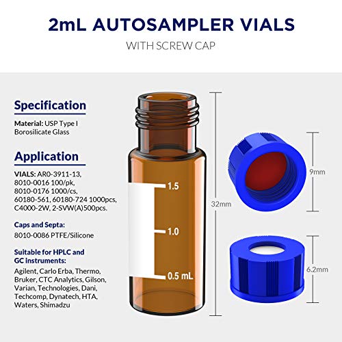2mL Autosampler Vials, 9-425 HPLC/GC Amber Vials with Screw Cap, 100 Pcs - color: Amber Vial & Red PTFE Septa