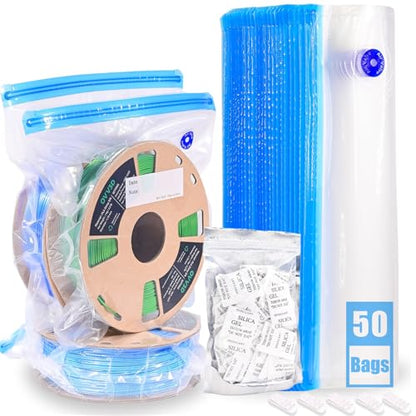 OVV3D Filament Storage Bags Kit 105pcs, 50 Bags without Pump, PLUS SIZE 32x34cm 3D Printer Filament Storage Vacuum Sealed Kit with Desiccants for 3D Filament Storage or Using After Filament Dryer Box