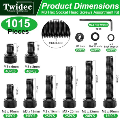 Twidec/1015PCS M3 Screws Assortment Kit,Hex Socket Cap Head Screws - color: 1015PCS
