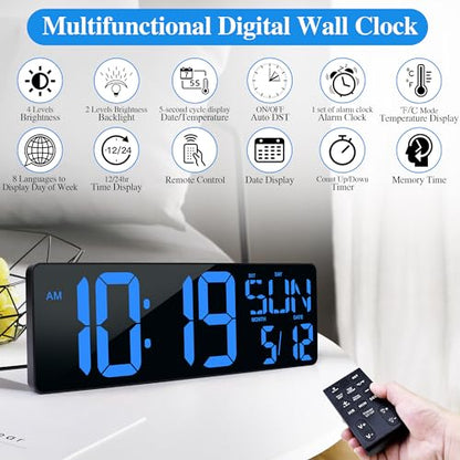 17.2"Large Digital Wall Clock Large Display with Remote Control 180°Visible - color: Blue