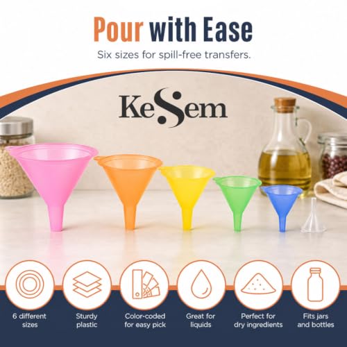 Plastic Funnel Set of 6, Mini to Large Funnels for Filling Bottles, Small Funnel for Kitchen Use, Oil Funnel for Automotive Use, Water Bottle Funnel, Kitchen Funnel Set for Liquids, Spices Powder