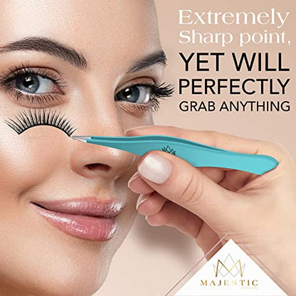Majestic Bombay Precision Tweezers Set, Fine Point, Slant, Women and Men - color: Teel Blue