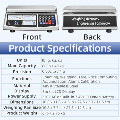 Industrial Counting Scale 40kg/88lb x 1g Precision Bench Scale Digital Inventory Counting Weight Scale for Small Parts and Coins, Electronic Gram Scale with Batteries/AC Power, lb/g/kg/oz - style: 40kg x 1g