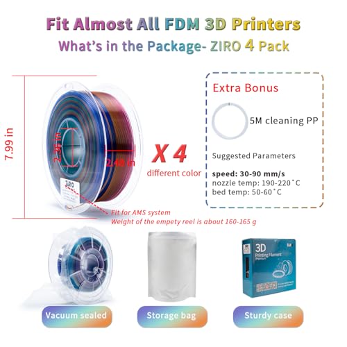 ZIRO 3D Printer Filament Bundle, Crystal Series 1kg x 4 Spool, 4 Pack - color: Crystal-4pack (Sunshine, Prism, Wave, Nectar)