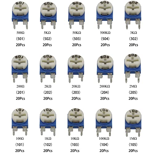 300Pcs 15 Value 100 ohm- 2M ohm Trim pots Variable Resistor 6mm Potentiometer Assortment Kit