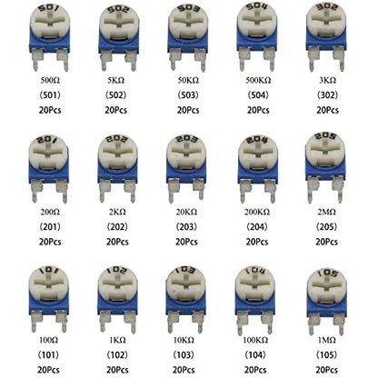 300Pcs 15 Value 100 ohm- 2M ohm Trim pots Variable Resistor 6mm Potentiometer Assortment Kit