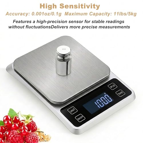 Kitchen Digital Scale, 0.1 g/0.001 oz High Precision Electronic Scale, Max 5 kg/11 lbs, Multiple Unit Conversion, Auto Power-Off/Tare/Counting Function, Stainless Steel Weighing Platform (Silver)
