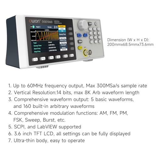 OWON Waveform Generator, 60MHz Bandwidth,300MSa/s Sampling Rate, 14 bits Vertical Resolution, 8K Waveform Length, 5 Basic Waveforms, 160 built-in Arbitrary Waveforms, with 3.6IN LCD Display DGE1060 - style: OWON-DGE1060-New