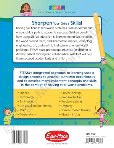 Evan-Moor Skill Sharpeners STEAM Workbook, Kindergarten, Science, Technology, Engineering, Art, Math, Hands On Activities, Helping Others, Collaboration, Solve Real World Problems, Puzzles, Homeschool