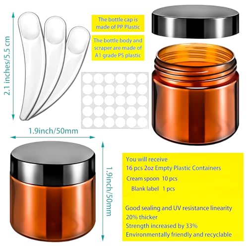 16 Pack 2oz Amber Plastic Jars, 60ml Empty Small Round Cosmetic Jars Refillable Makeup Containers Leakproof Travel Cosmetic Containers with Black Lids for Sample Cream Lotion Powder Ointment - color: Amber, size: 2oz