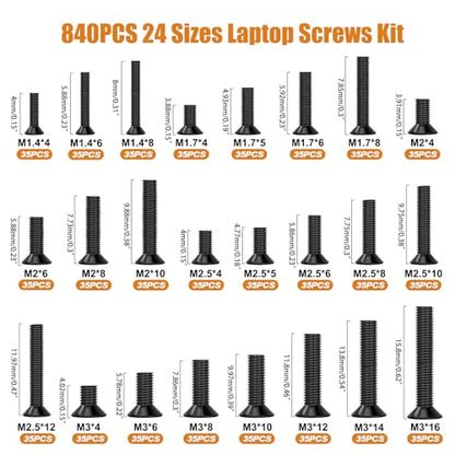 mankk 840PCS Laptop Screws 24 Sizes M1.4/1.7/2/2.5/3 Replacement Computer Tiny Screws Motherboard Screw with Screwdriver for Laptop PC Repair & DIY M-165-840PCS - color: Black-840PCS