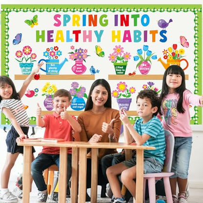 Spring Mental Health Awareness Bulletin Board Decorations Set Spring into Health Habits Theme Classroom Board Decor Flower Butterfly Bird Paper Cutouts for School Door Wall Chalkboard Party Supplies - style: Spring