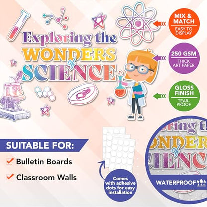 Decorably 17 Pcs Cutouts Inspirational Science Bulletin Board Decorations Set with Borders - Gloss-Laminated Cardstock for Classroom Decor, School Hallways, Education Centers, Homeschool