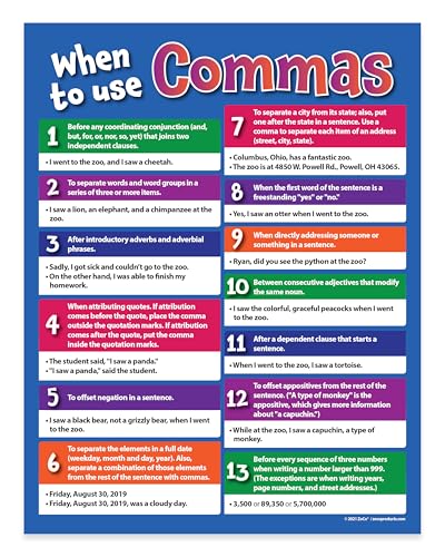 ZOCO – When to Use Commas Poster (10-Pack) – Grammar & Punctuation Rules Chart for Writing – Laminated 17x22 – English Classroom Decor for Middle & High School ELA - size: 10 Pack