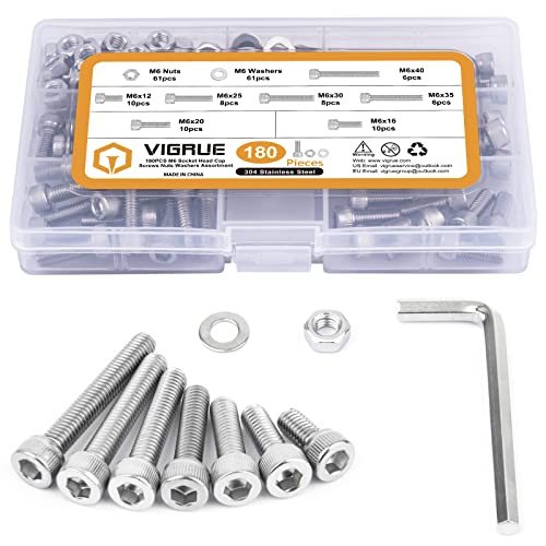 VIGRUE 180Pcs M6 Stainless Bolt Kit Socket Head Cap Screws Nuts Washers - size: m6 socket stainless 12-40mm