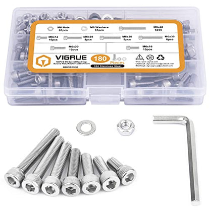 VIGRUE 180Pcs M6 Stainless Bolt Kit Socket Head Cap Screws Nuts Washers - size: m6 socket stainless 12-40mm