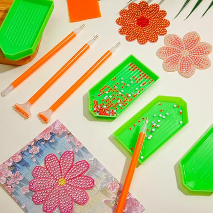 Affrolling 90 Pcs Diamond Art Tools, Drill Pens Trays Glue Clay - color: Green and Orange