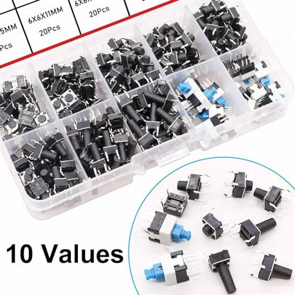 TWTADE 202PCS Micro Momentary Tactile Push Button Switch Assortment Kit 10 Values 4 Pin/6Pin 6x6mm & 7x7mm Tact Switches - color: Black-4 Pin