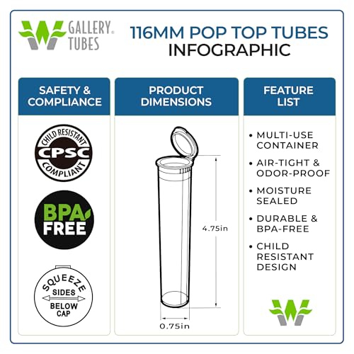 W Gallery 10 Clear 116mm Open Cap Pop Top Tubes, Airtight Pill Bottles