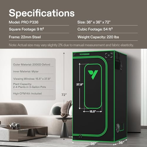 VIVOSUN P336 PRO Grow Tent 3x3 Indoor Growing Tents 36"x36"x 72" - size: 36"x36"x72"