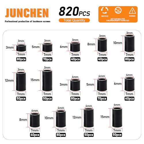 820pcs Black Nylon Spacers, 14 Sizes Plastic Spacer Assortment Kit, Electrical Outlet Screw Spacers Unthreaded for Electrical Screws, Switch and Receptacle Od7mm Id3/4mm Length 3/5/ 6/8/ 10/12/ 15mm