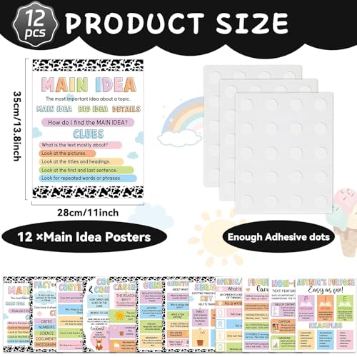 QOUBAI 12pcs Reading Comprehension Posters Colorful Classroom Decor - color: Cow Print
