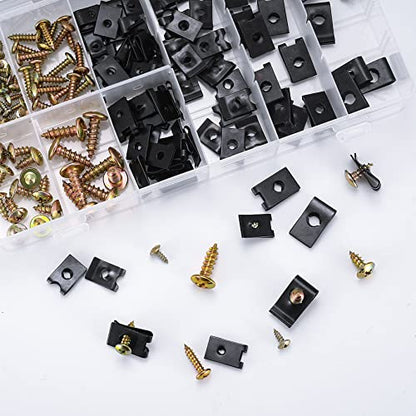 180 Pcs Automotive Screws and Car U Clips Assortment Kit, Including 90 Pcs Cross Head Mounting Screws, 90 Pcs Automotive U-Style Screw Clip-On Nuts, for Car Door Body Panel Clip Fasteners