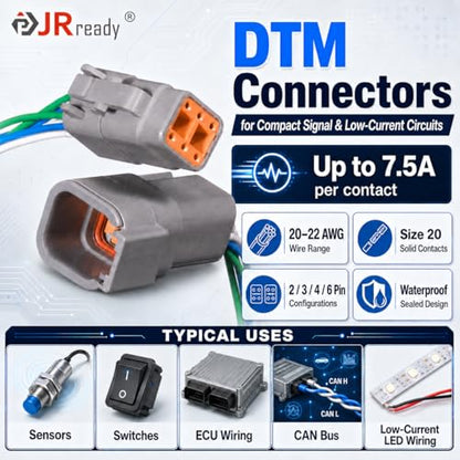 JRready ST6461 Deutsch DTM Connector Kit with Crimping Tool & Pin Removal Tools, DTM 2/3/4/6 Pin Waterproof Wire Connectors, Size 20 Solid Contacts 20-22AWG for Automotive ECU Sensor Wiring - size: DTM Kit with Crimper