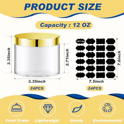 24 Pack 12 oz Clear Cosmetic Jars with Gold Lids and Labels for Hair Masks - color: Clear with Gold Lid, size: 12 oz