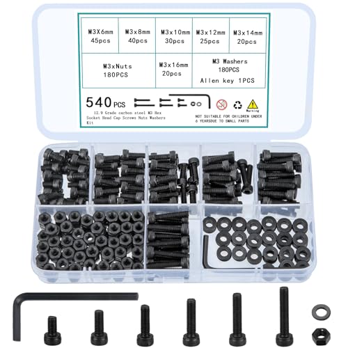 540 Pcs M3 Screws Bolts and Nuts Assortment Kit, Small Hex Socket Head Cap Screws Assorted Nuts and Bolts, M3 Metric Screw Assortment Set with Washers - size: M3