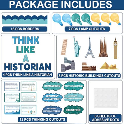 47Pcs Science Bulletin Board Classroom Decoration Think Like A Historian Bulletin Board Back to School History Theme Cutouts Social Studies Wall Decor for Middle School Office Classroom Supplies
