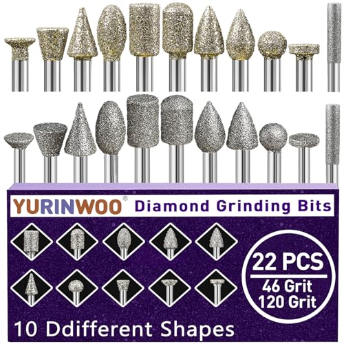 46-Grit &120-Grit Diamond Grinder Bit 1/8" Shank Compatible with Dremel Rotary Tool, 22Pcs Stone Carving Diamond Drill Bits for Carve Engrave Polish Wood Resin Porcelain Ceramic Quartz Metal - style: 22PCS-46 & 120Grit